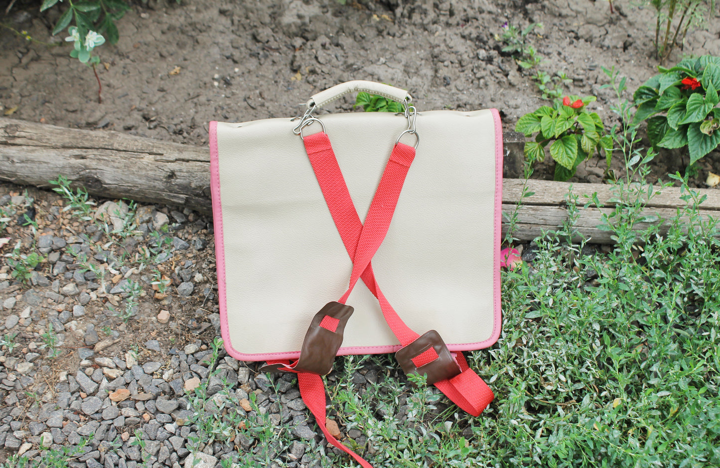 Vintage USSR School Satchel 1990 – Unused Soviet Kids Backpack with Straps – Beige & Pink Faux Leather Bag with Retro Traffic Sign Print
