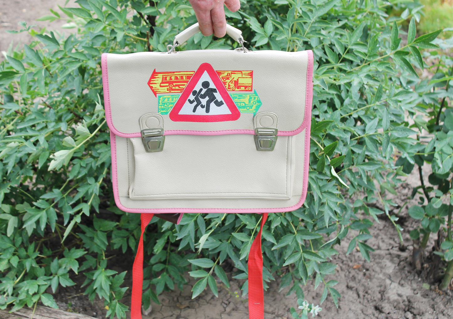 Vintage USSR School Satchel 1990 – Unused Soviet Kids Backpack with Straps – Beige & Pink Faux Leather Bag with Retro Traffic Sign Print
