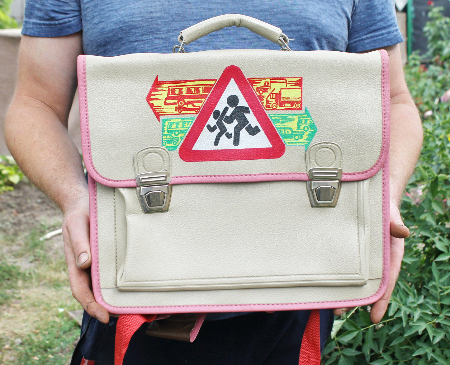 Vintage USSR School Satchel 1990 – Unused Soviet Kids Backpack with Straps – Beige & Pink Faux Leather Bag with Retro Traffic Sign Print