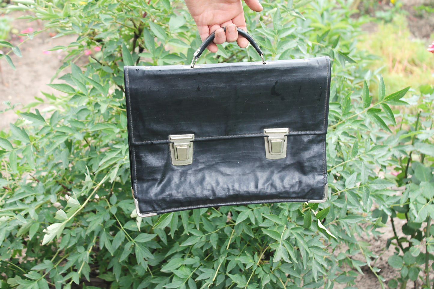 Vintage Soviet Briefcase | Black Faux Leather School Satchel | USSR 1970s Document Bag | Retro Office Bag with Metal Clasp