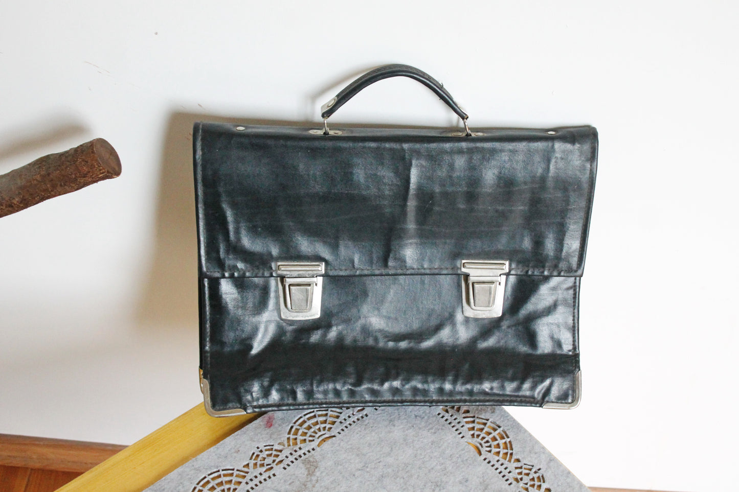 Vintage Soviet Briefcase | Black Faux Leather School Satchel | USSR 1970s Document Bag | Retro Office Bag with Metal Clasp