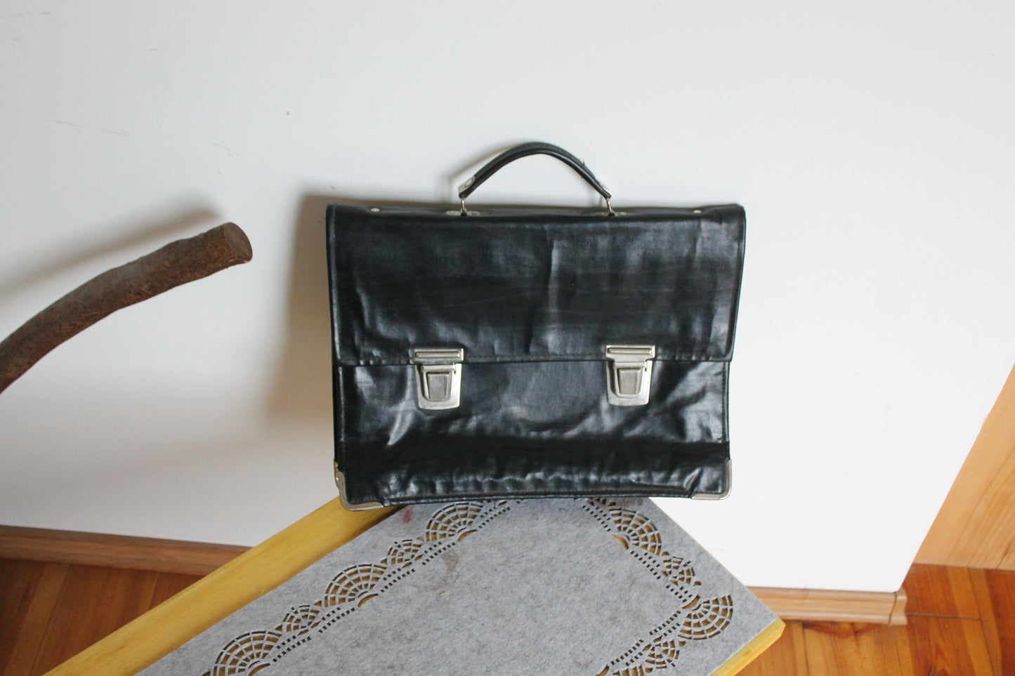 Vintage Soviet Briefcase | Black Faux Leather School Satchel | USSR 1970s Document Bag | Retro Office Bag with Metal Clasp
