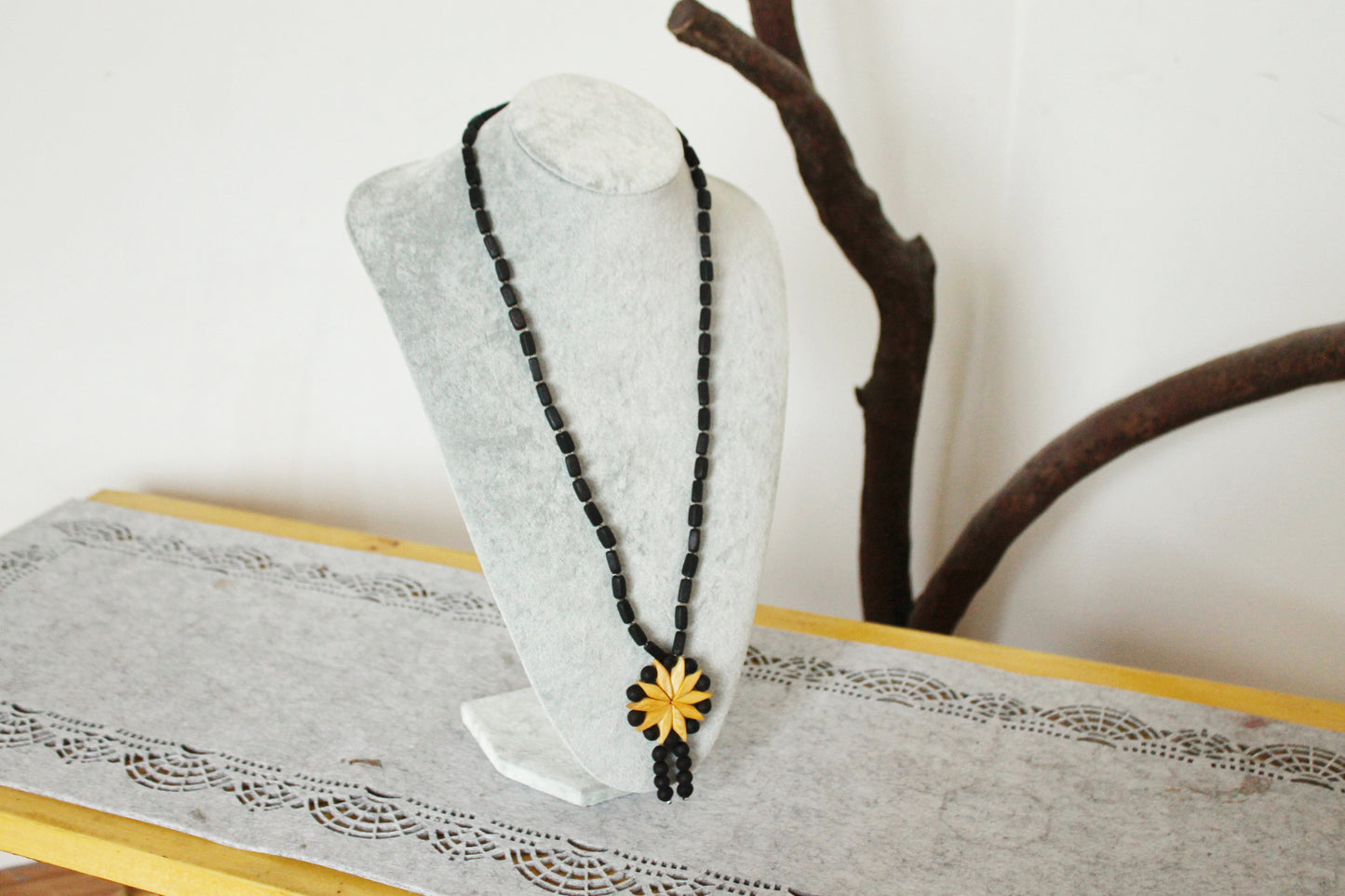 Vintage 1990s Wooden Necklace with Floral Pendant - Black and Natural Wood Beads - Folk Boho Jewelry from Eastern Europe - 1990s