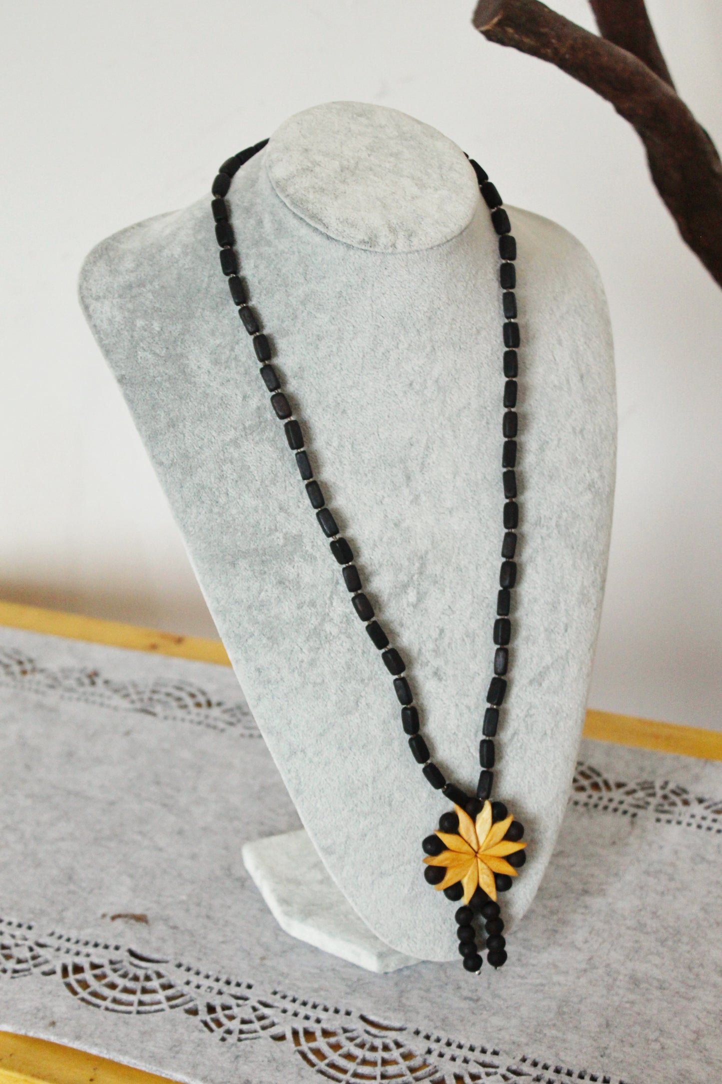 Vintage 1990s Wooden Necklace with Floral Pendant - Black and Natural Wood Beads - Folk Boho Jewelry from Eastern Europe - 1990s
