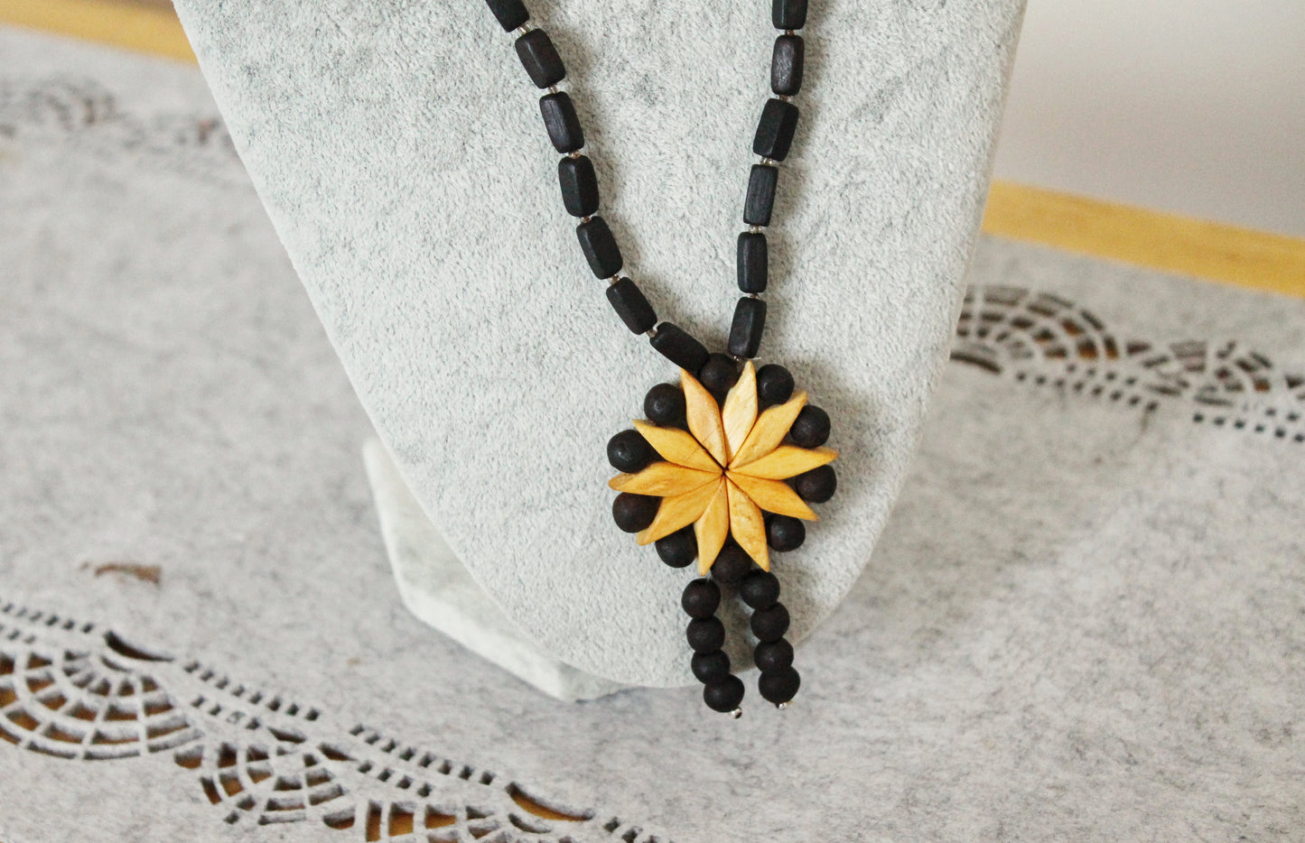 Vintage 1990s Wooden Necklace with Floral Pendant - Black and Natural Wood Beads - Folk Boho Jewelry from Eastern Europe - 1990s