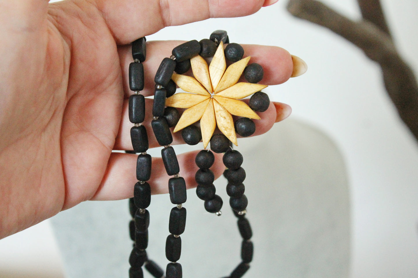 Vintage 1990s Wooden Necklace with Floral Pendant - Black and Natural Wood Beads - Folk Boho Jewelry from Eastern Europe - 1990s