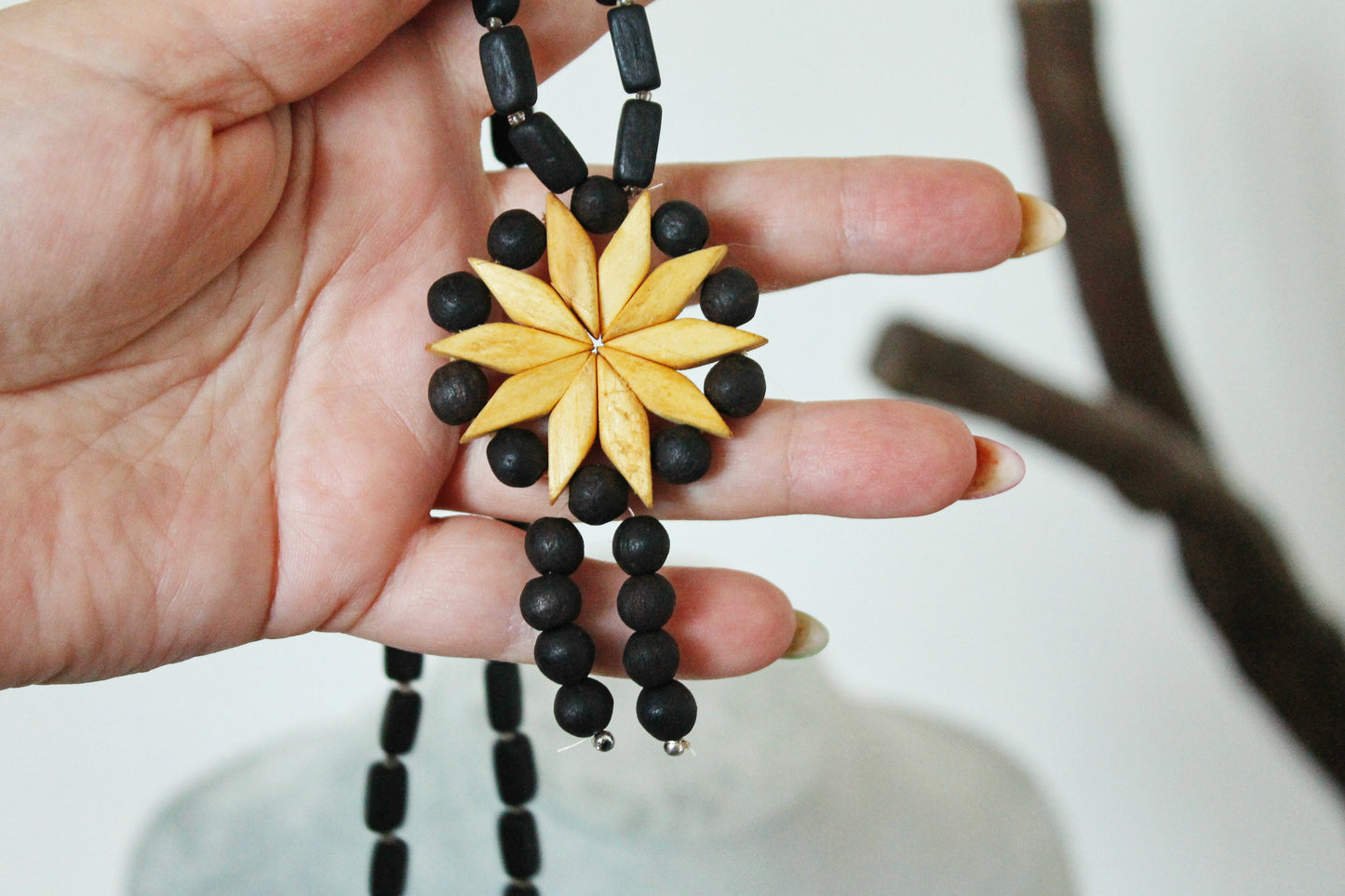 Vintage 1990s Wooden Necklace with Floral Pendant - Black and Natural Wood Beads - Folk Boho Jewelry from Eastern Europe - 1990s