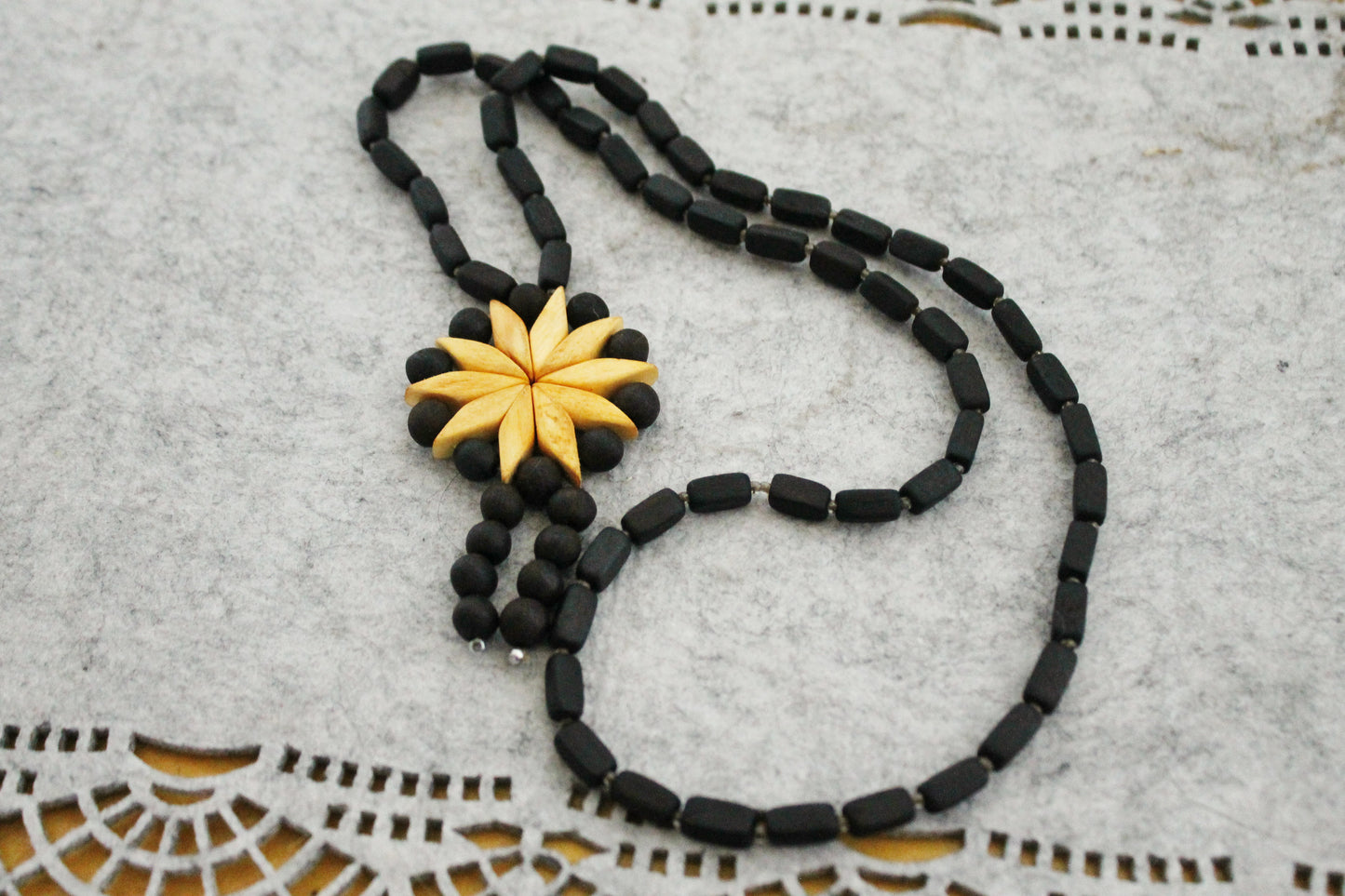 Vintage 1990s Wooden Necklace with Floral Pendant - Black and Natural Wood Beads - Folk Boho Jewelry from Eastern Europe - 1990s
