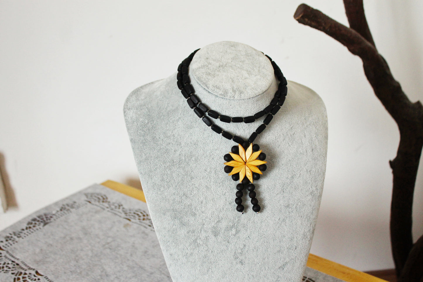 Vintage 1990s Wooden Necklace with Floral Pendant - Black and Natural Wood Beads - Folk Boho Jewelry from Eastern Europe - 1990s