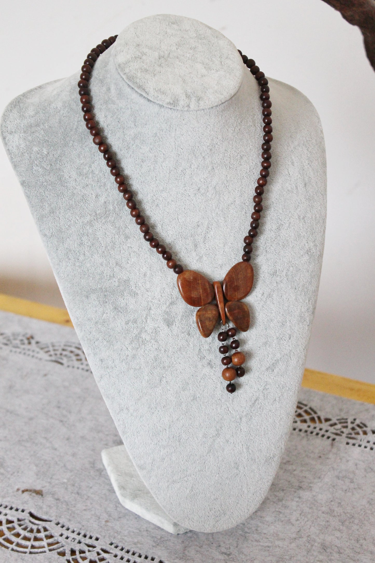 Vintage Wooden Butterfly Necklace - 1990s Handcrafted Wood Beaded Jewelry - Retro Natural Pendant Necklace - Eco Boho Gift - made in Ukraine