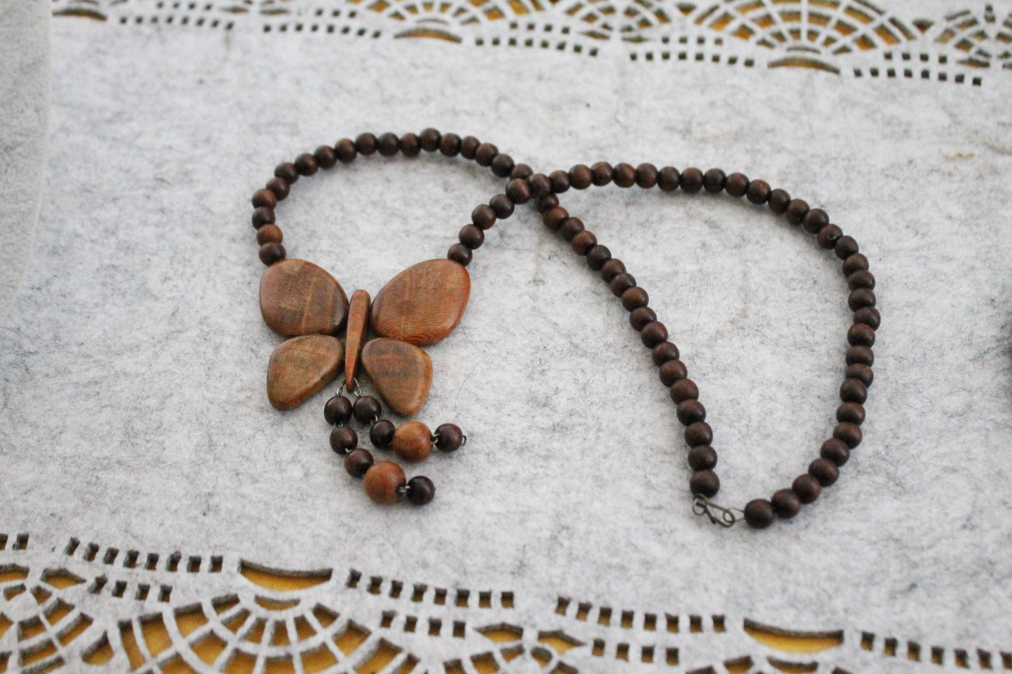 Vintage Wooden Butterfly Necklace - 1990s Handcrafted Wood Beaded Jewelry - Retro Natural Pendant Necklace - Eco Boho Gift - made in Ukraine