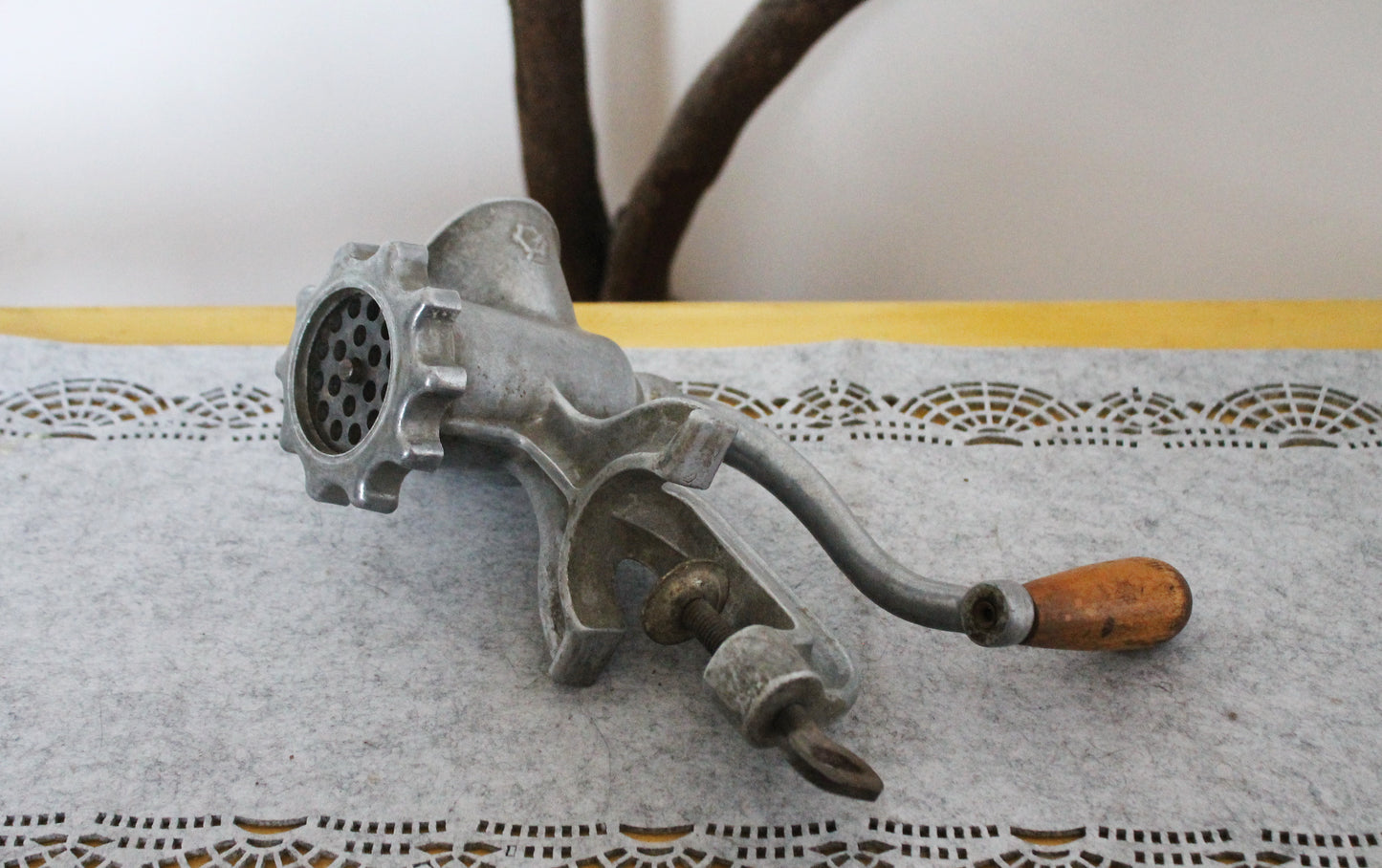 Vintage Soviet Meat Grinder – Manual Cast Aluminum Mincer with Wooden Handle – USSR Kitchen Tool – Rustic Food Prep Collectible - 1960