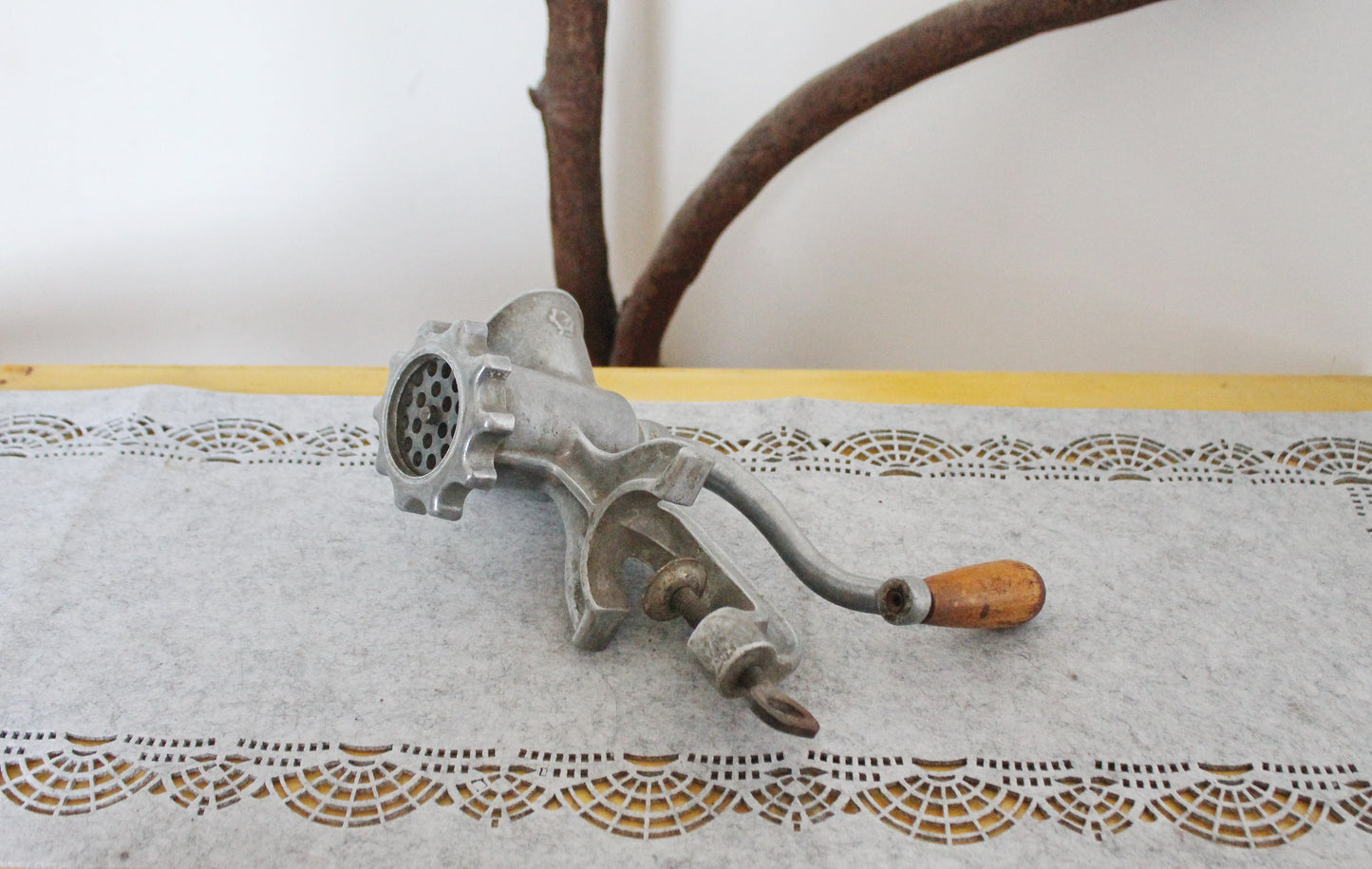 Vintage Soviet Meat Grinder – Manual Cast Aluminum Mincer with Wooden Handle – USSR Kitchen Tool – Rustic Food Prep Collectible - 1960