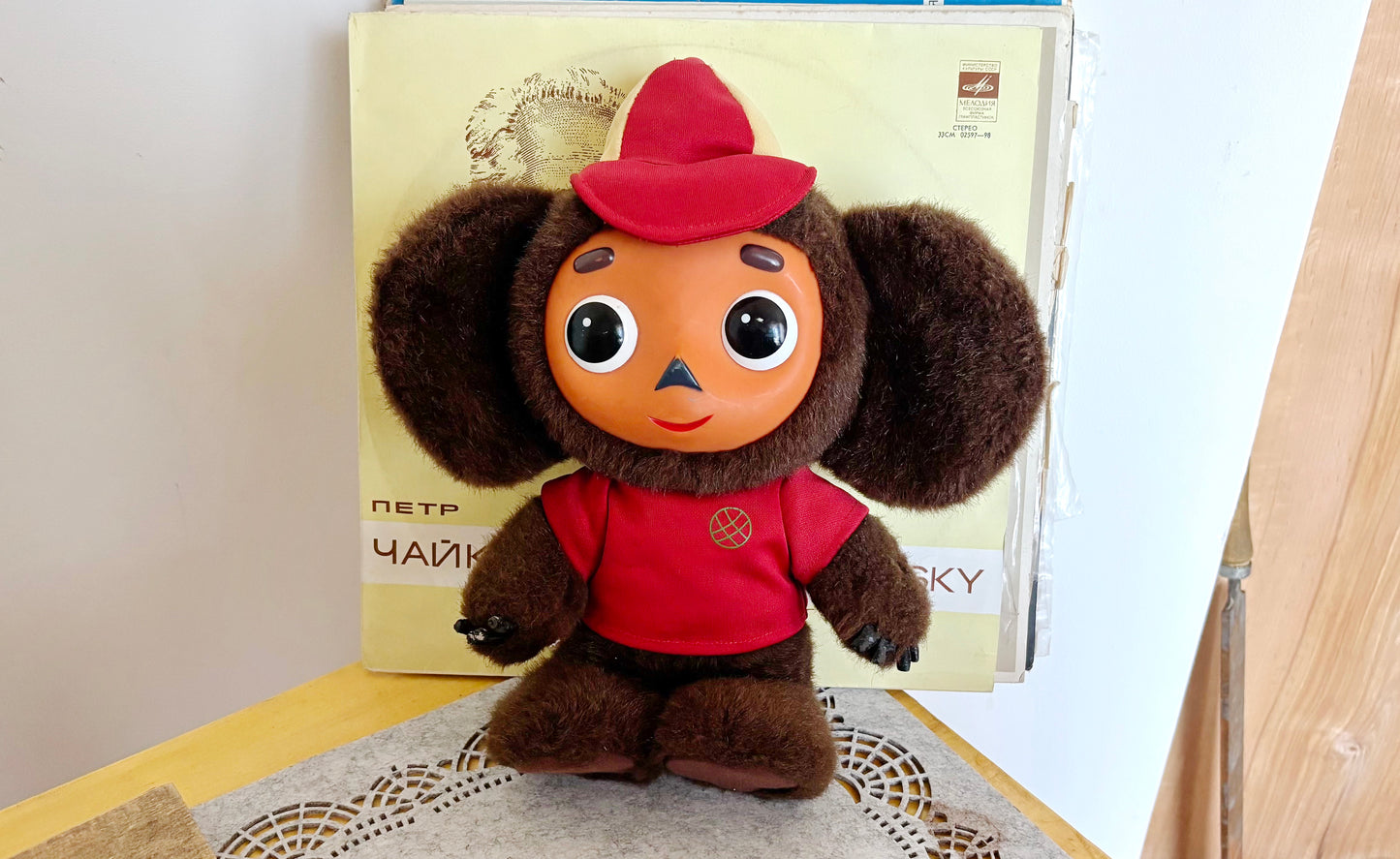 Vintage Cheburashka Plush Toy with Plastic Face – Soviet Era Collectible 1970s USSR Stuffed Animal - 13 inch