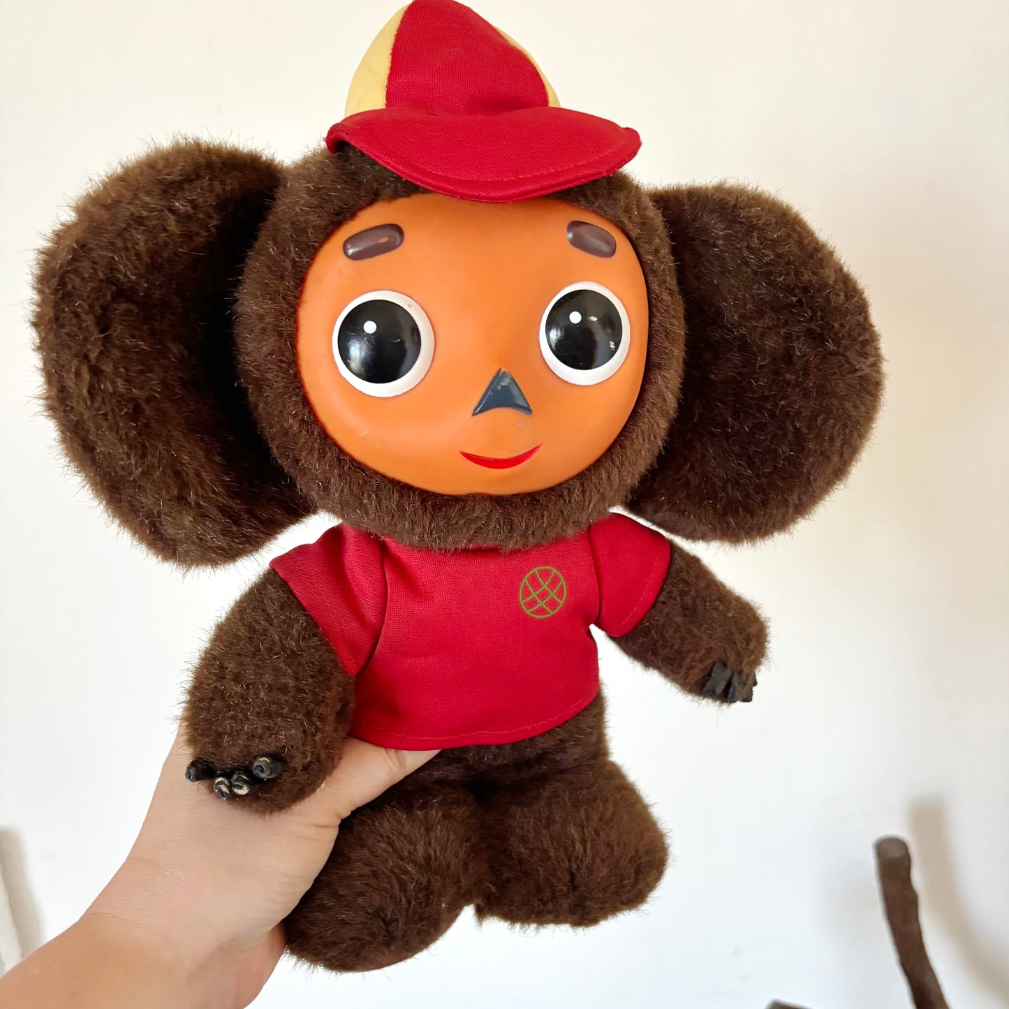 Vintage Cheburashka Plush Toy with Plastic Face – Soviet Era Collectible 1970s USSR Stuffed Animal - 13 inch
