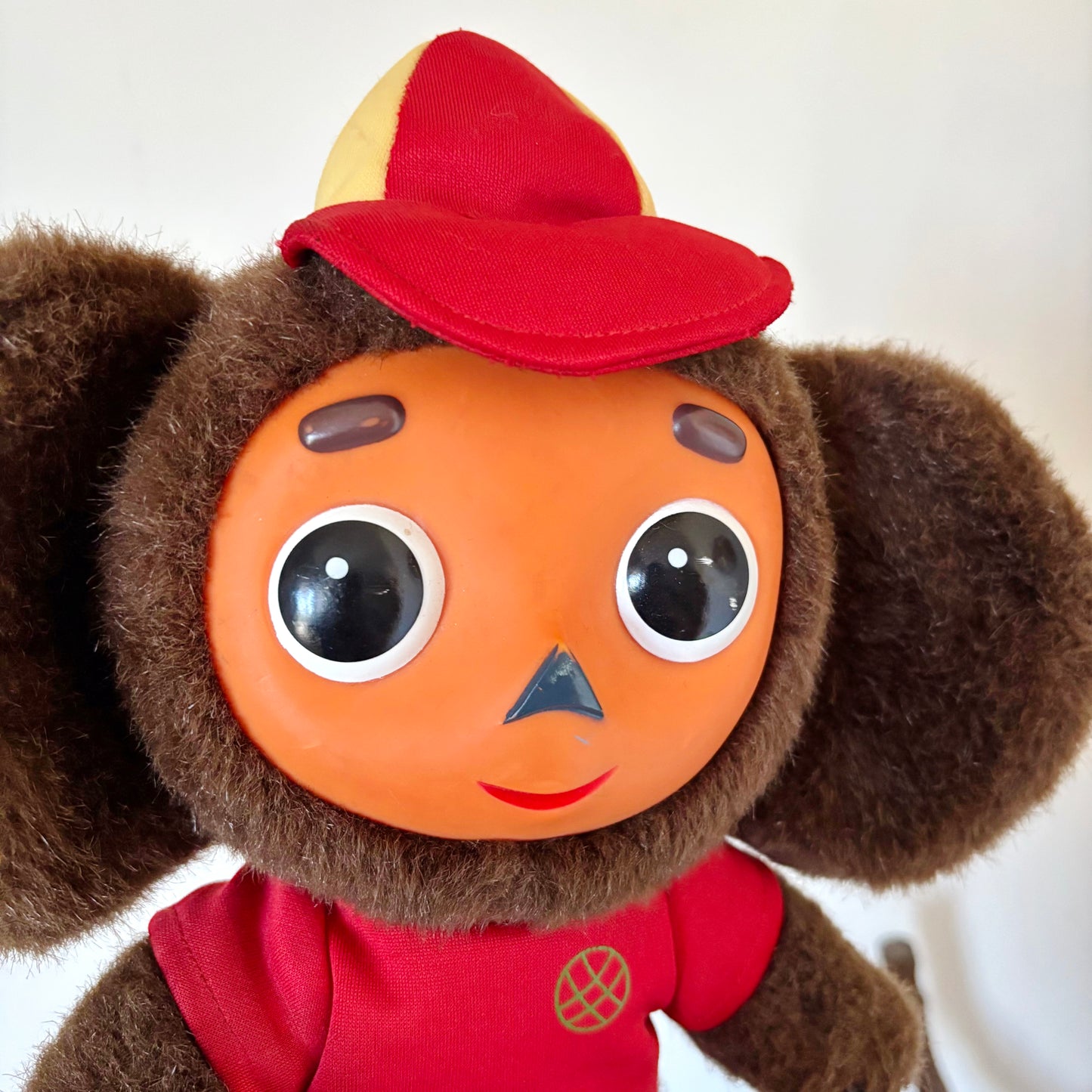 Vintage Cheburashka Plush Toy with Plastic Face – Soviet Era Collectible 1970s USSR Stuffed Animal - 13 inch