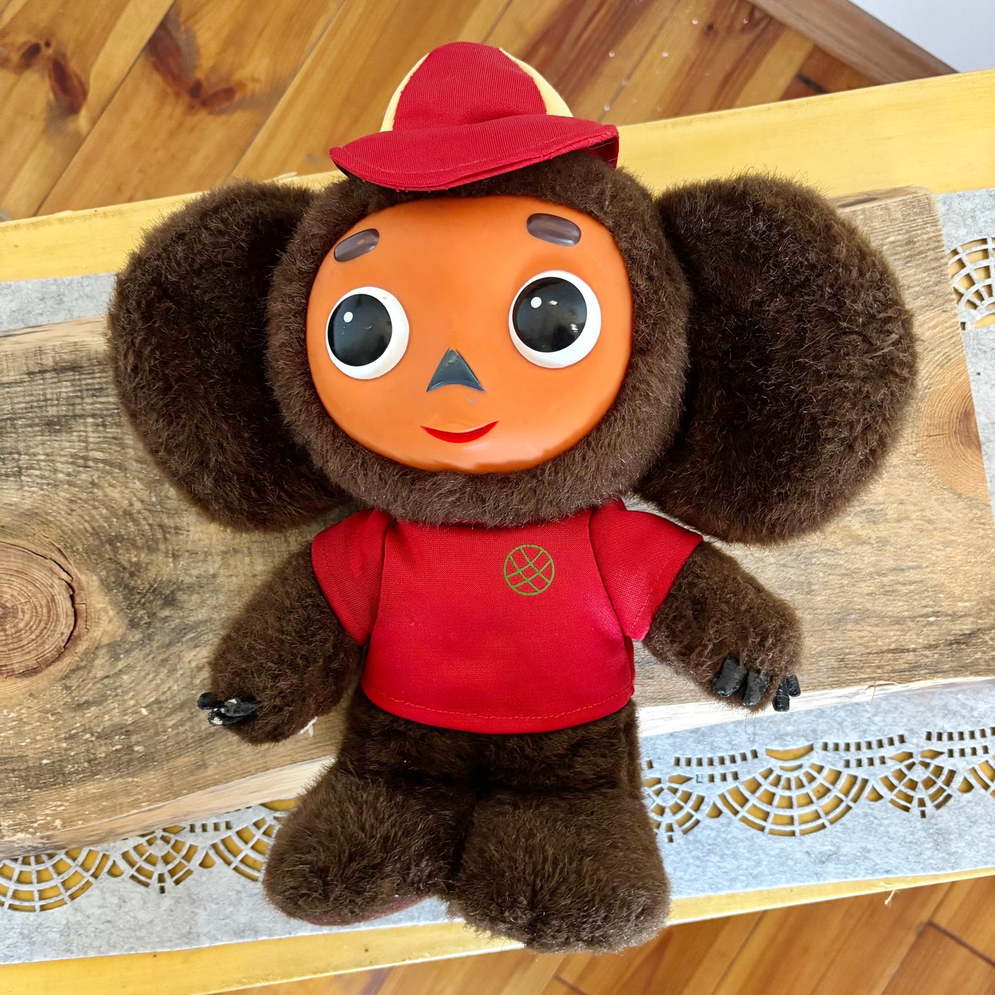 Vintage Cheburashka Plush Toy with Plastic Face – Soviet Era Collectible 1970s USSR Stuffed Animal - 13 inch