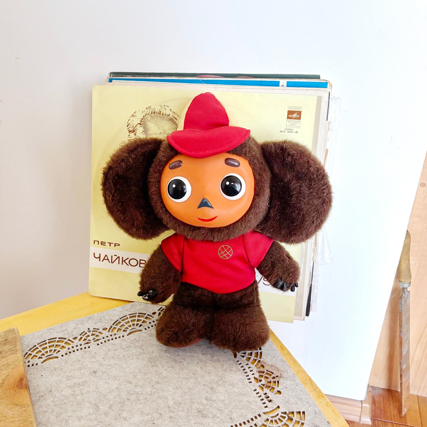 Vintage Cheburashka Plush Toy with Plastic Face – Soviet Era Collectible 1970s USSR Stuffed Animal - 13 inch