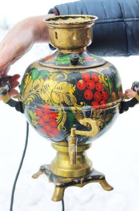 Vintage USSR samovar 15 inches -Soviet vintage copper samovar on a tray - hand painted teapot - hand painted samovar - USSR kitchen - Soviet home decor