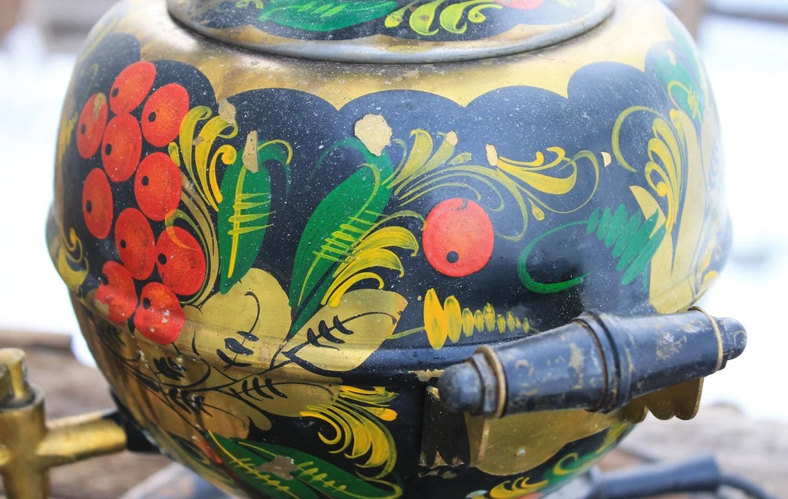 Vintage USSR samovar 15 inches -Soviet vintage copper samovar on a tray - hand painted teapot - hand painted samovar - USSR kitchen - Soviet home decor