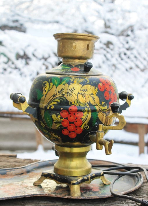 Vintage USSR samovar 15 inches -Soviet vintage copper samovar on a tray - hand painted teapot - hand painted samovar - USSR kitchen - Soviet home decor