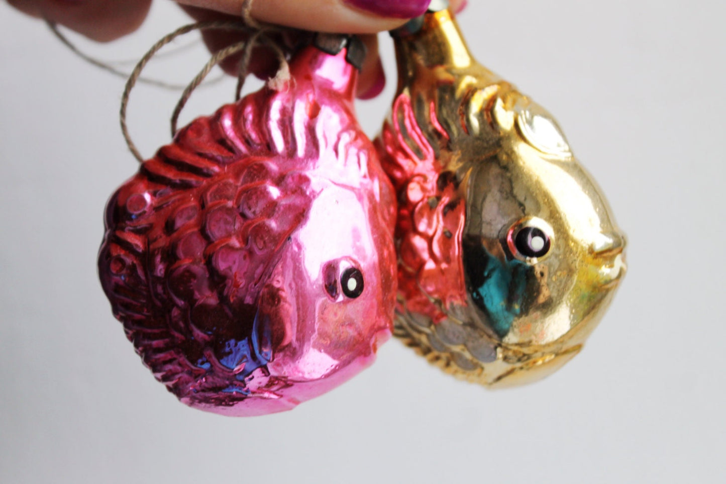 Soviet vintage Christmas tree decoration - Set of two fishes - Pink and Yellow - Fish Glass Ornament, Made in USSR