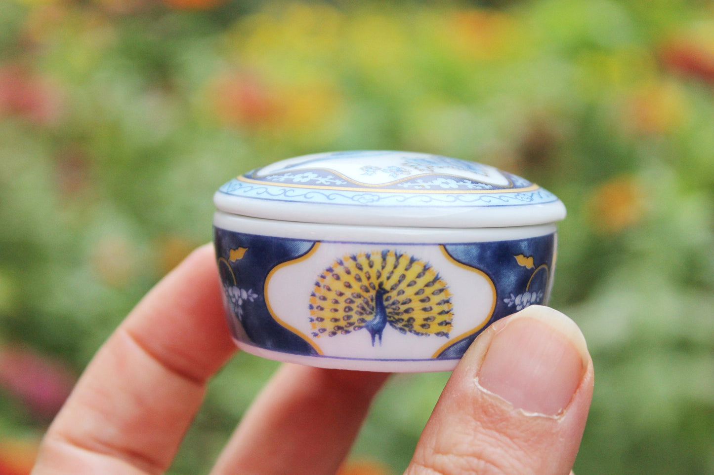 Del Prado Porcelain round Vintage Medicine box - Pill Trinket Box Continental Porcelain Decorated with Peacock by Del Prado