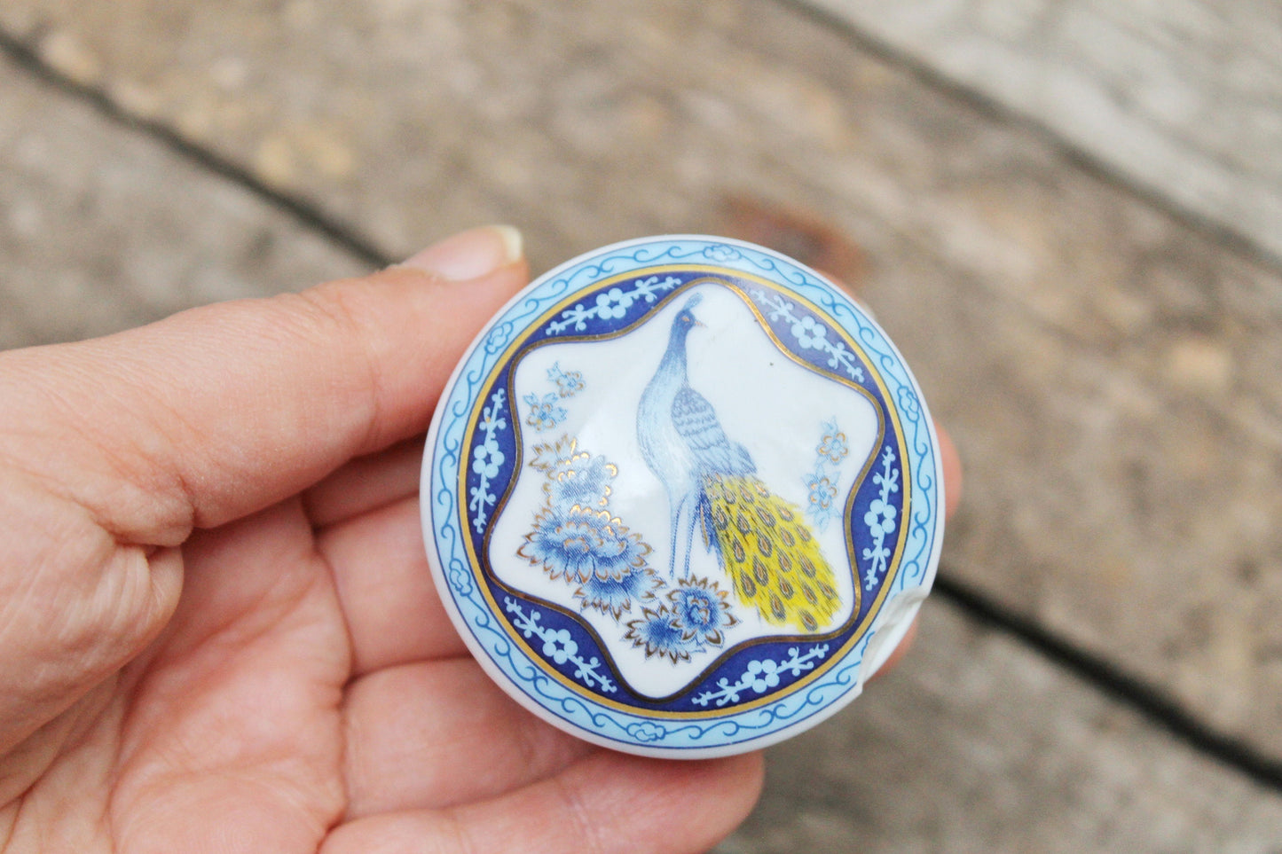 Del Prado Porcelain round Vintage Medicine box - Pill Trinket Box Continental Porcelain Decorated with Peacock by Del Prado