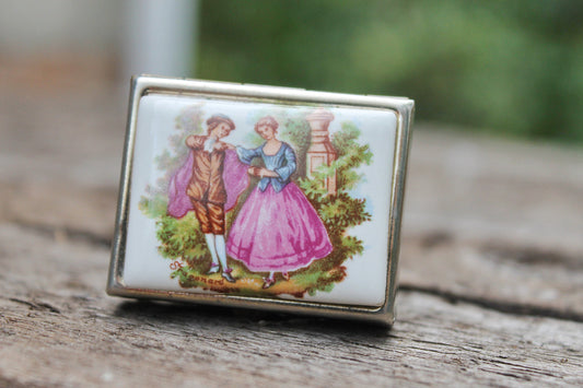 Fragonard Porcelain Lid Square Vintage Medicine box - Lovers Pill Box - French miniature box - Pill box