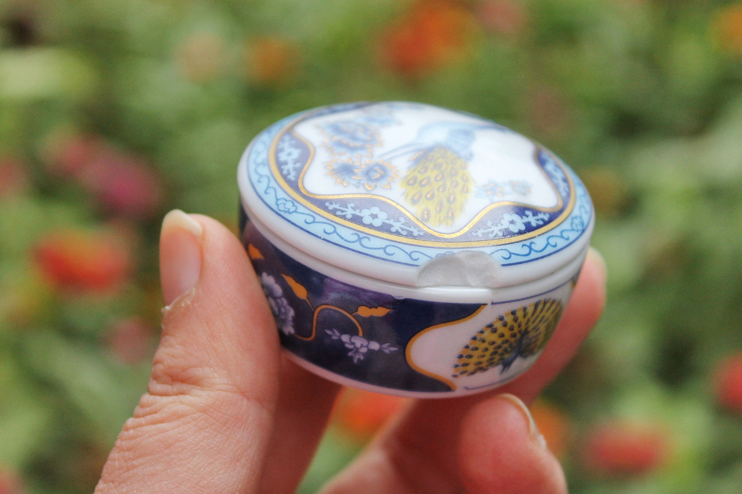 Del Prado Porcelain round Vintage Medicine box - Pill Trinket Box Continental Porcelain Decorated with Peacock by Del Prado