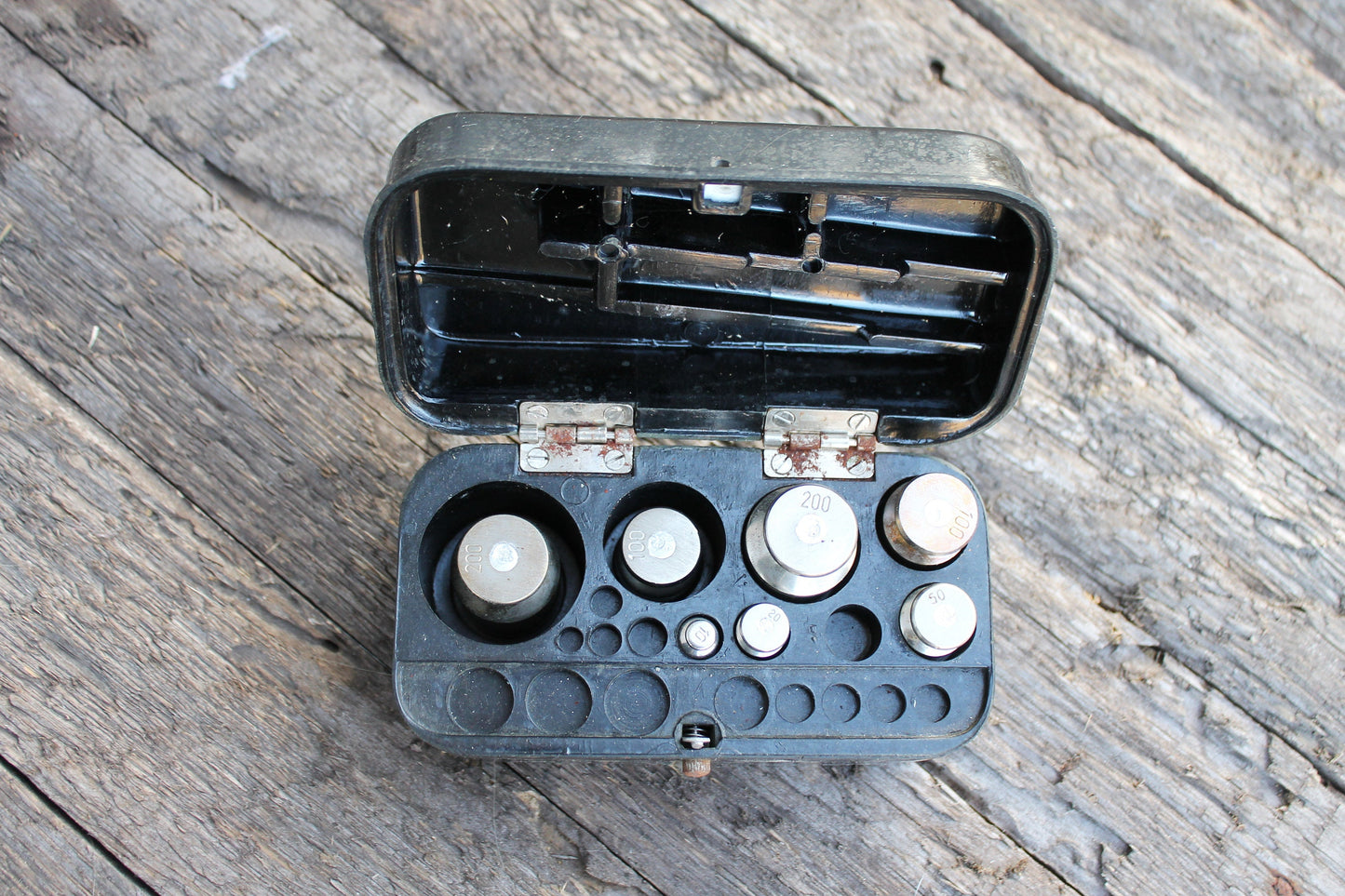 Incomplete Soviet set of weights, Scale weights, Scales weight in box, Laboratory equipment, Apothecary Scale weights, Bakelite box, 1973