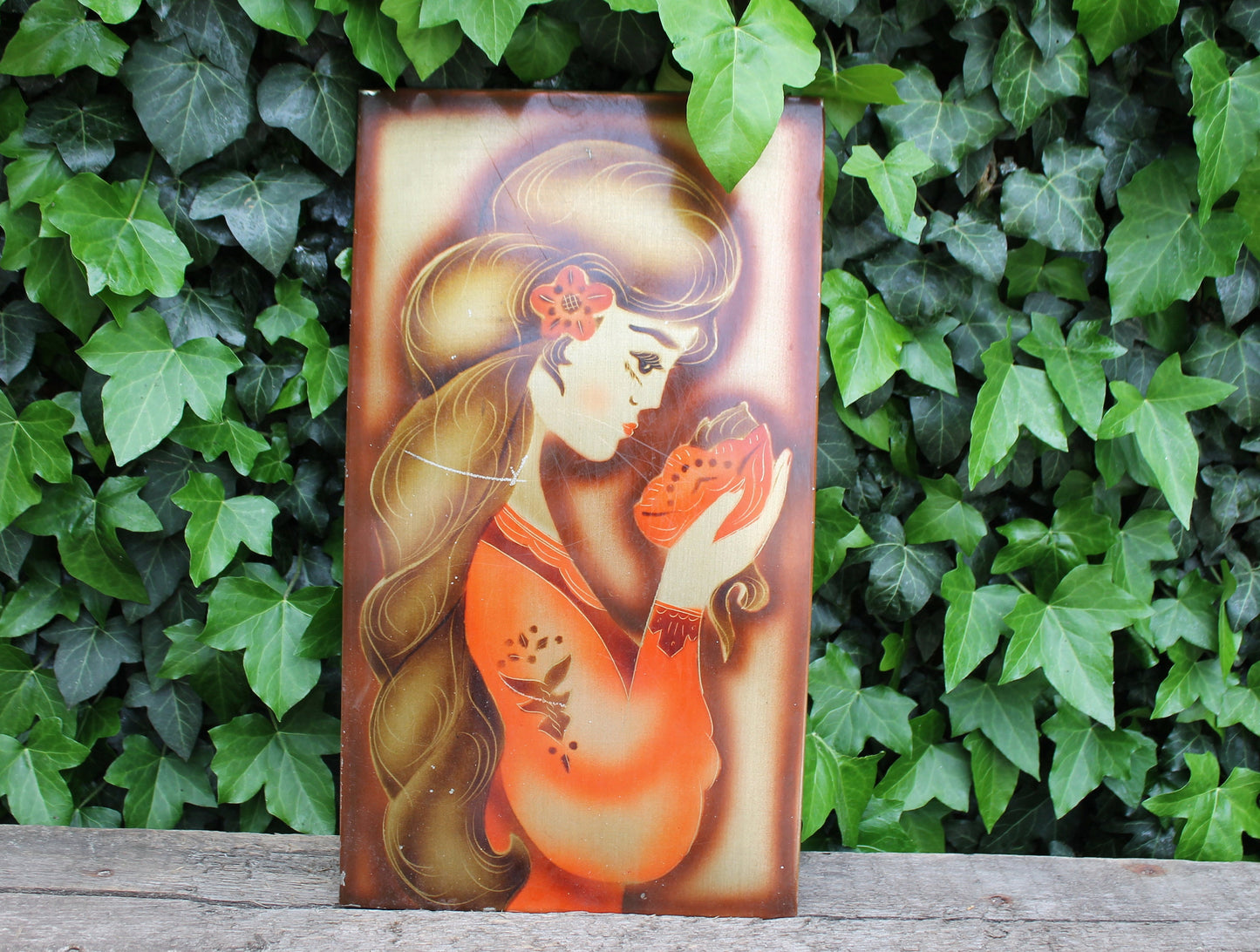 Vintage USSR wall decor picture - metall picture - A Girl with the Flower - 1970s