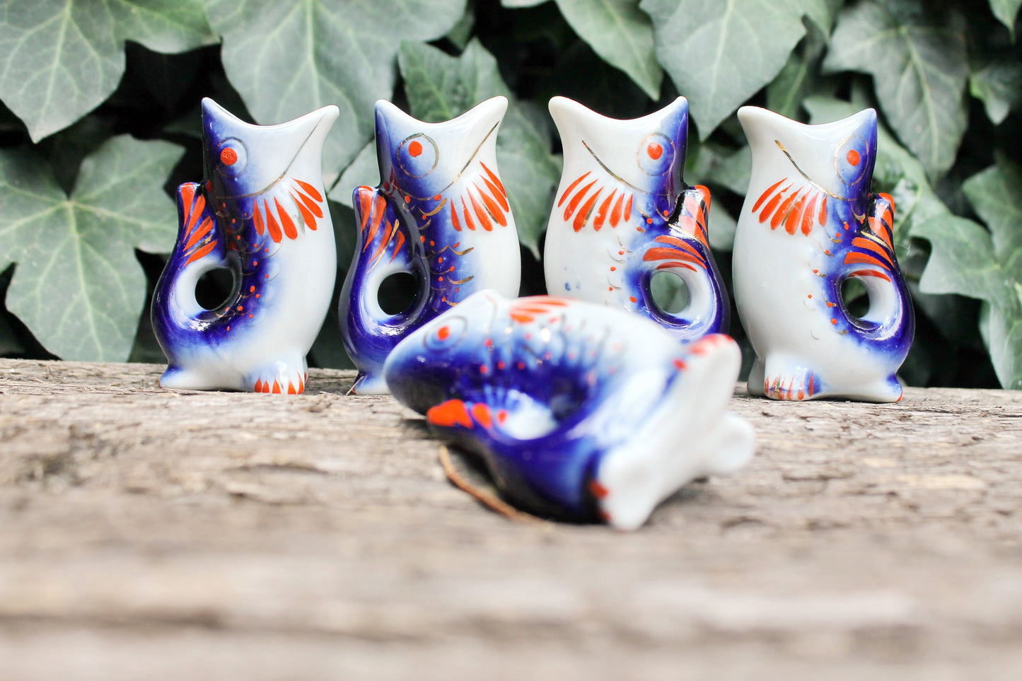 Vintage Ceramic Drinking Set of 5 small fishes - The family of carp - White and Blue - 1970s - from USSR / Soviet Union / Soviet Ukraine