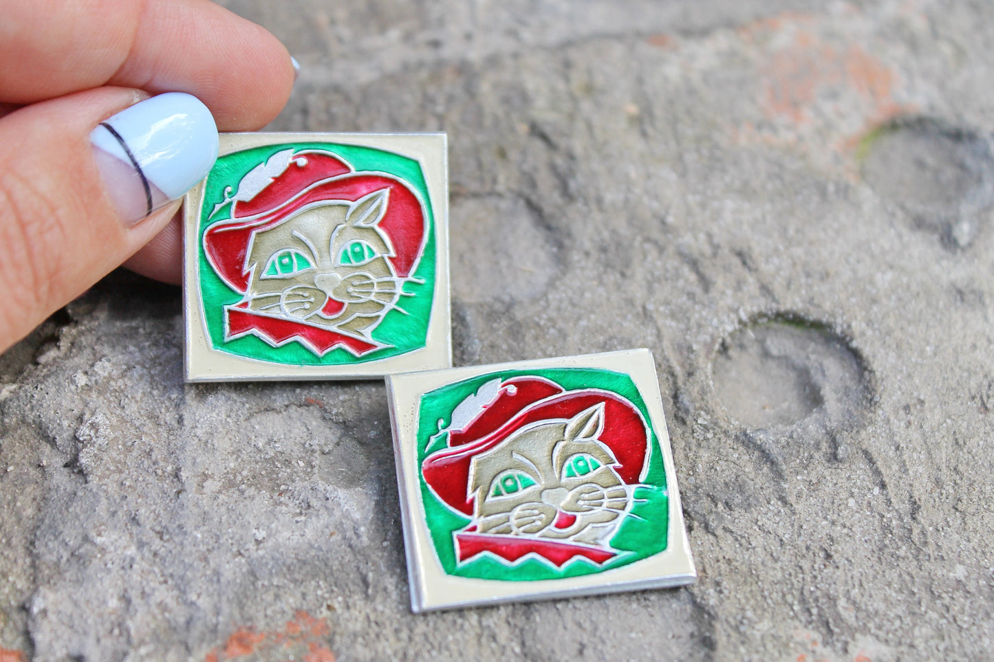 Vintage soviet children's pins badges "Puss in Boots" - fairytale, made in USSR, 1970s
