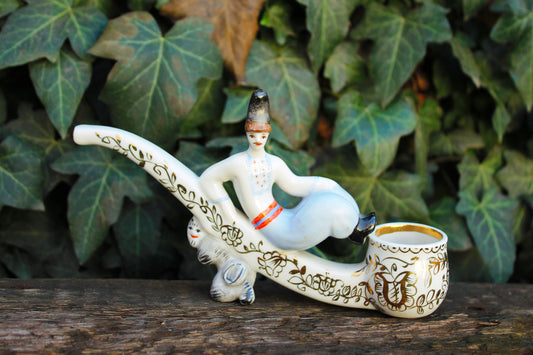 Vintage USSR porcelain decorative smoking pipe - "Cossack Vakula and the devil" Kyiv - Souvenir Statuette - Ukrainian style - 1970s