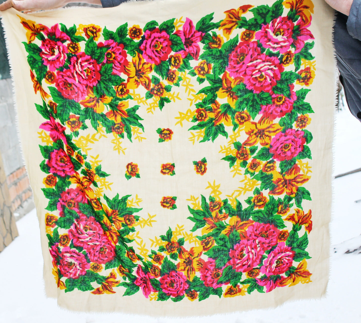 Beautiful floral beige wool head scarf - 36 inch - Soviet vintage-made in USSR - Babushka's head scarf - 1970s - Gypsy Shawl, Ethnic Scarf