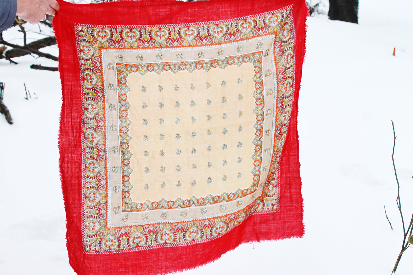Beautiful floral red wool head scarf - 33 inch - Soviet vintage-made in USSR - Babushka's head scarf - 1970s - Gypsy Shawl, Ethnic Scarf