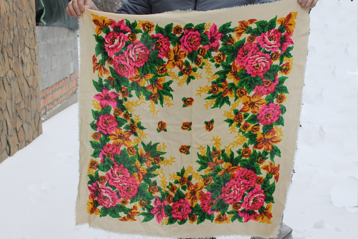 Beautiful floral beige wool head scarf - 36 inch - Soviet vintage-made in USSR - Babushka's head scarf - 1970s - Gypsy Shawl, Ethnic Scarf
