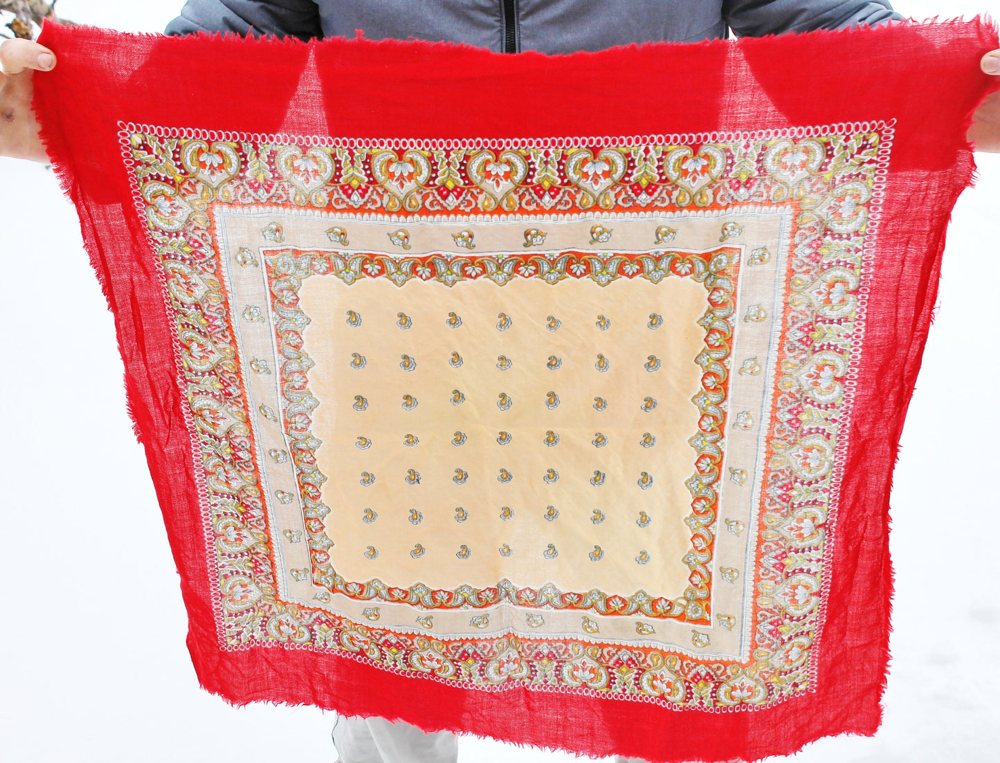 Beautiful floral red wool head scarf - 33 inch - Soviet vintage-made in USSR - Babushka's head scarf - 1970s - Gypsy Shawl, Ethnic Scarf