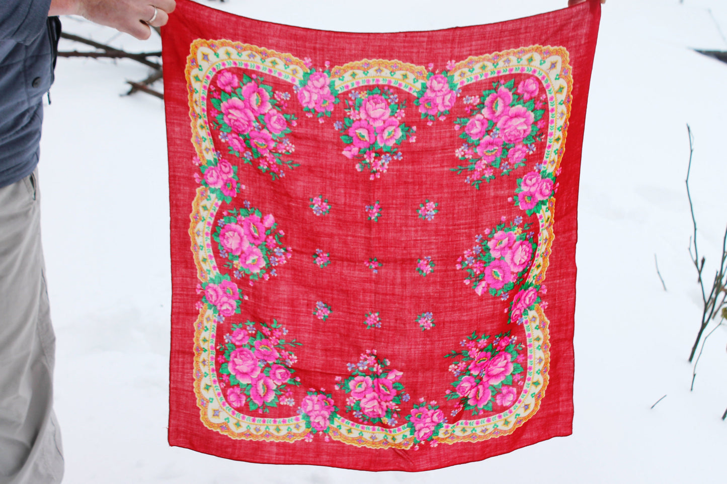 Beautiful floral red wool head scarf - 28 inch - Soviet vintage-made in USSR - Babushka's head scarf - 1970s - Ethnic Scarf