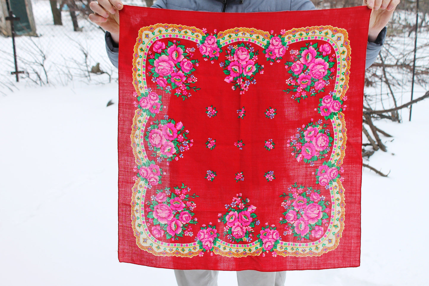 Beautiful floral red wool head scarf - 28 inch - Soviet vintage-made in USSR - Babushka's head scarf - 1970s - Ethnic Scarf
