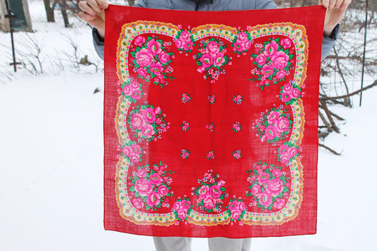 Beautiful floral red wool head scarf - 28 inch - Soviet vintage-made in USSR  - Babushka's head scarf - 1970s - Ethnic Scarf