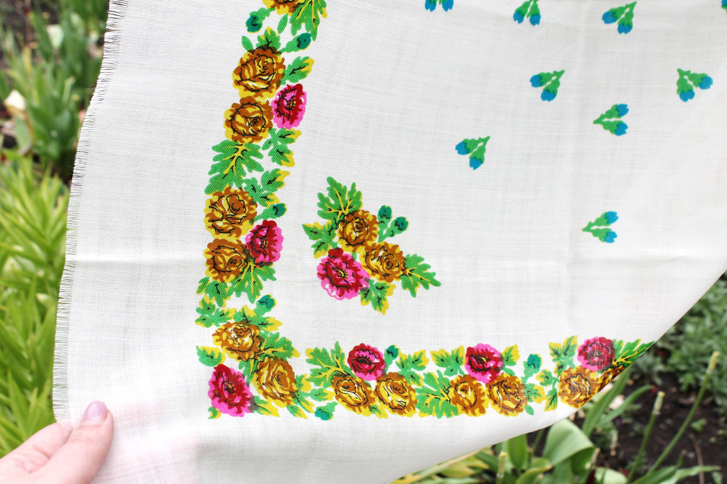 Beautiful yellow and pink floral wool head scarf - 27 inch - Soviet vintage-made in USSR - Babushka's head scarf - 1970s - Ethnic Scarf