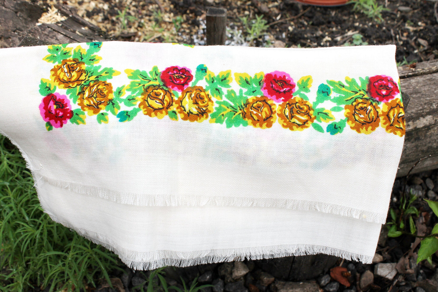 Beautiful yellow and pink floral wool head scarf - 27 inch - Soviet vintage-made in USSR - Babushka's head scarf - 1970s - Ethnic Scarf