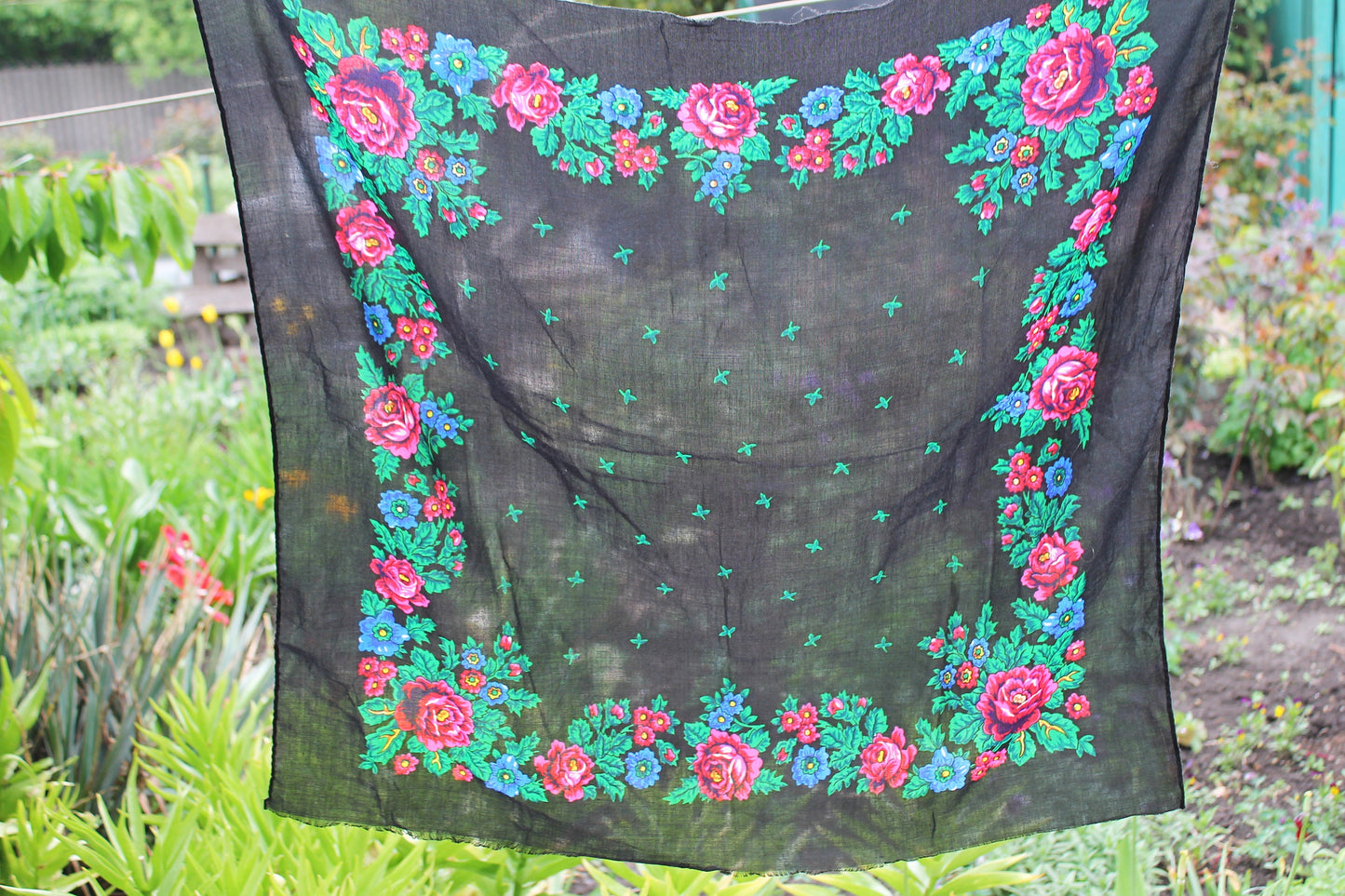 Beautiful black floral wool head scarf - 30 inch - Soviet vintage-made in USSR - Babushka's head scarf - 1970s - Gypsy Shawl, Ethnic Scarf
