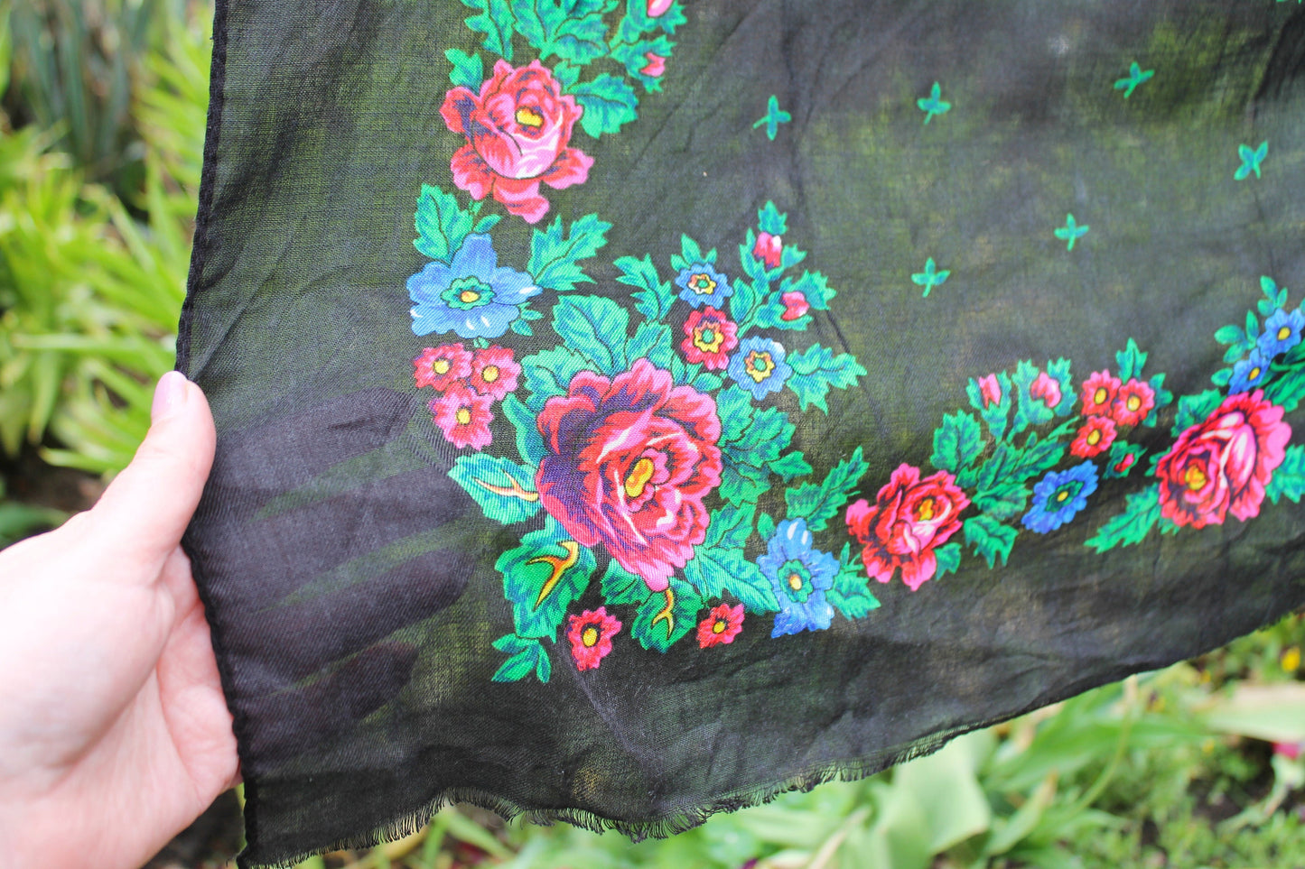 Beautiful black floral wool head scarf - 30 inch - Soviet vintage-made in USSR  - Babushka's head scarf - 1970s - Gypsy Shawl, Ethnic Scarf