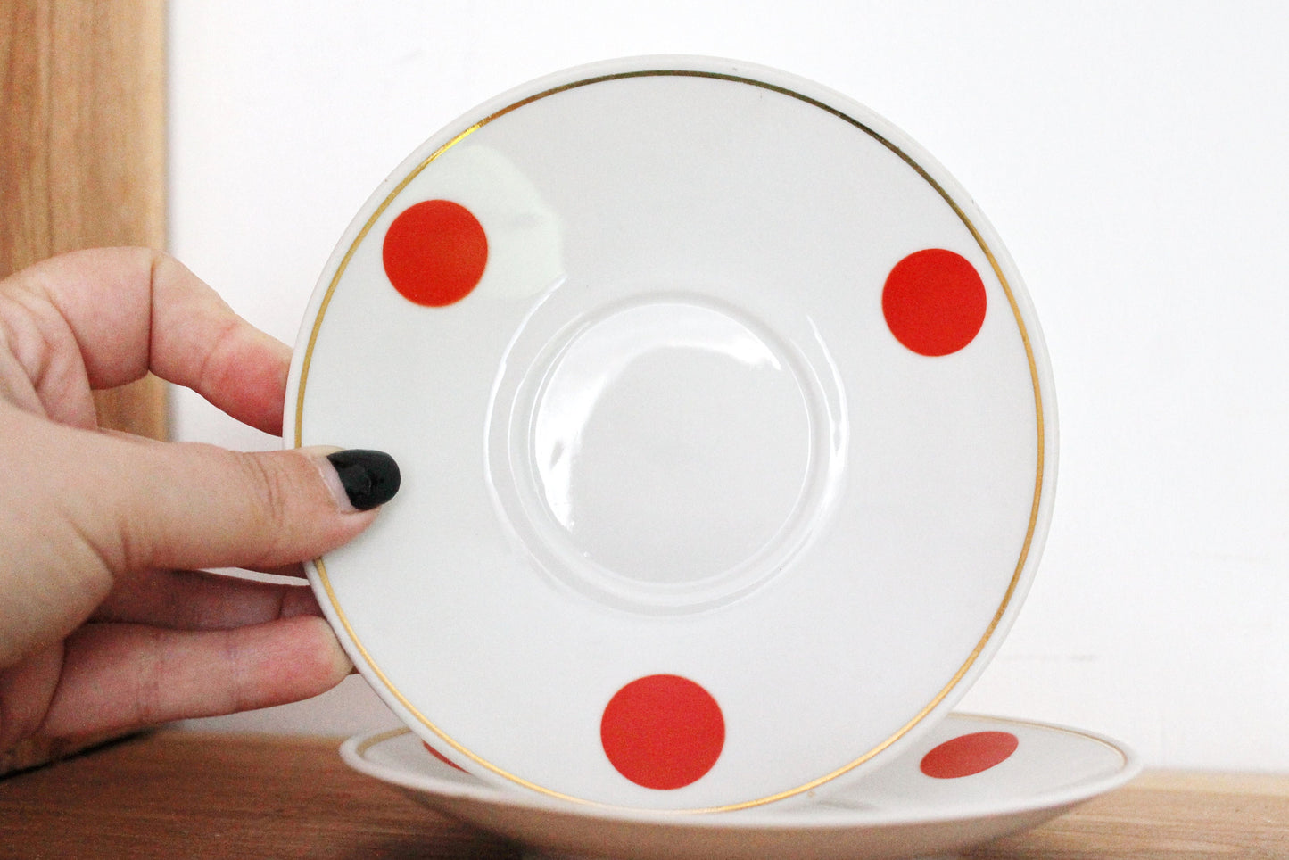 Set of two soviet polka dot vintage saucers - vintage USSR ceramic rare saucers from servise - Dovbysky Porcelain Factory - 1970s