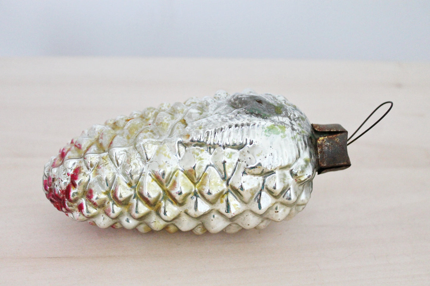 Pine Cone BIG Christmas tree toy decoration 6 inch - White - Soviet vintage - Christmas - New Year Glass Ornament, Made in USSR - 1970s