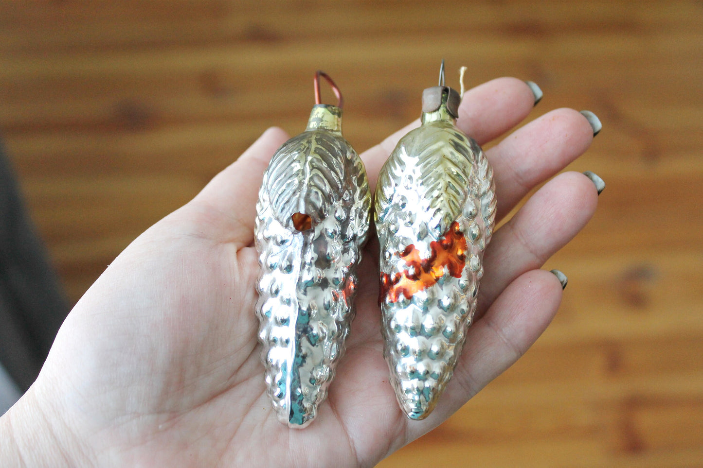 Set of two Pine Cones Christmas tree decoration toy 3.5 inches - Soviet vintage - Christmas - New Year Glass Ornament, Made in USSR - 1970s