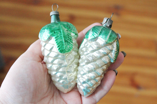 Set of two Pine Cone Christmas tree toy decoration 3.6 inches - Soviet vintage - Christmas - New Year Glass Ornament, Made in USSR - 1970s